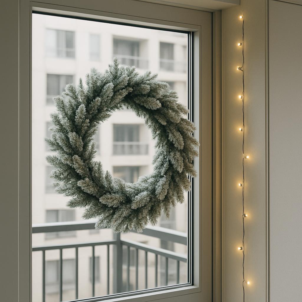 A white christmas wreath with white lights hanging on a window. The white wreath appears to be hung in a 90 degree positio...